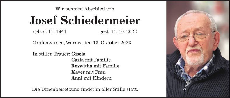 Traueranzeige Josef Schiedermeier