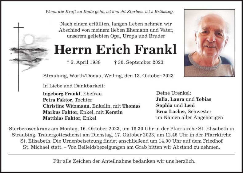 Traueranzeige Erich Frankl