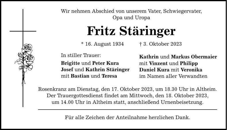 Traueranzeige Fritz Stäringer
