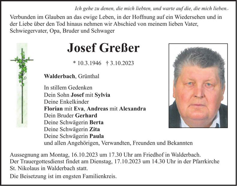 Traueranzeige Josef Greßer
