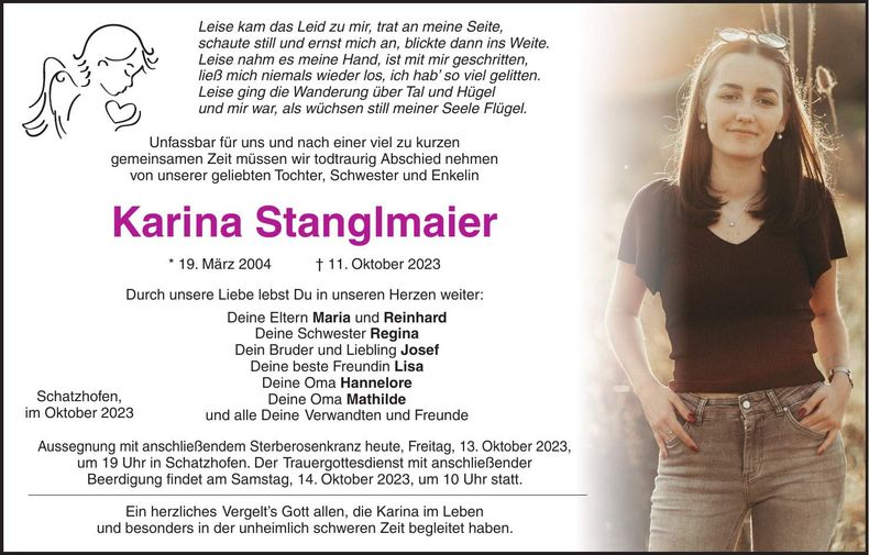 Traueranzeige Karina Stanglmaier