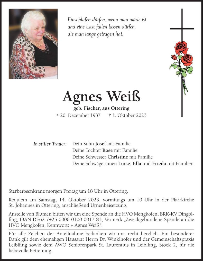 Traueranzeige Agnes Weiß