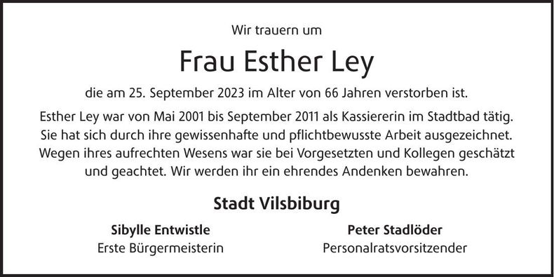Traueranzeige Esther Ley