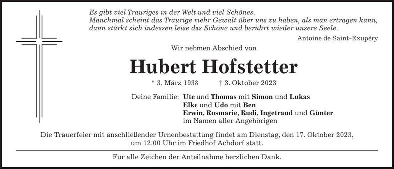 Traueranzeige Hubert Hofstetter