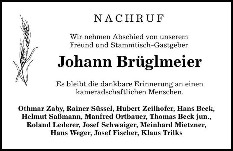 Traueranzeige Johann Brüglmeier