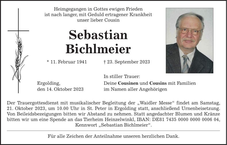 Traueranzeige Sebastian Bichlmeier