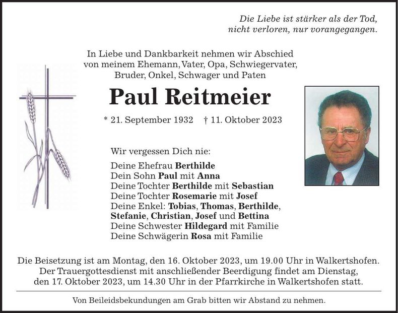 Traueranzeige Paul Reitmeier