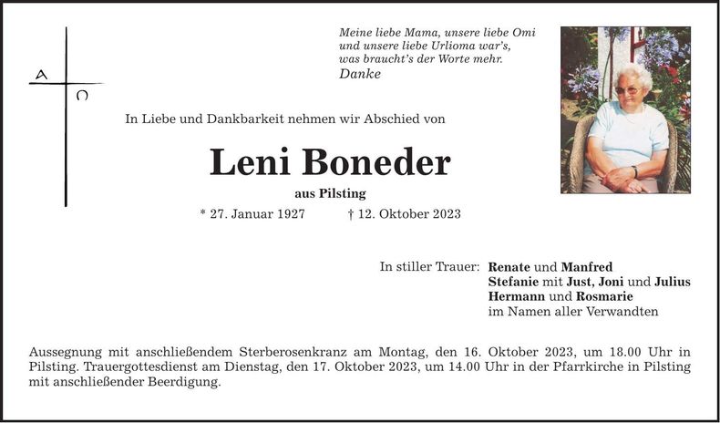 Traueranzeige Leni Boneder