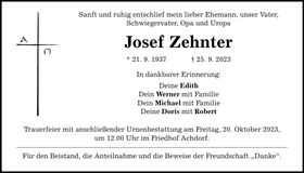 Traueranzeige Josef Zehnter