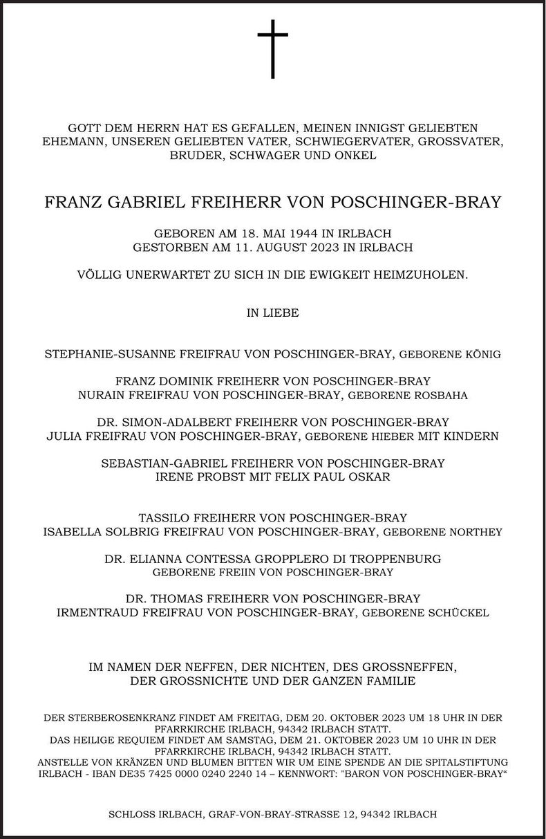 Traueranzeige Franz Gabriel Poschinger-Bray