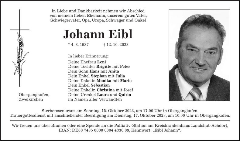 Traueranzeige Johann Eibl