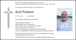 Traueranzeige Kurt Paukner