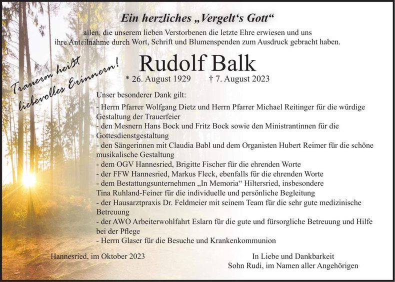 Traueranzeige Rudolf Balk