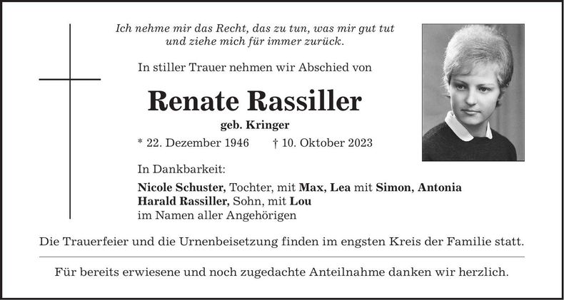 Traueranzeige Renate Rassiller