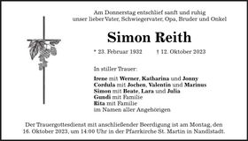 Traueranzeige Simon Reith