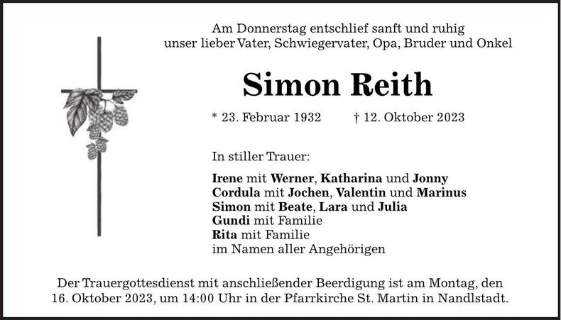 Traueranzeige Simon Reith
