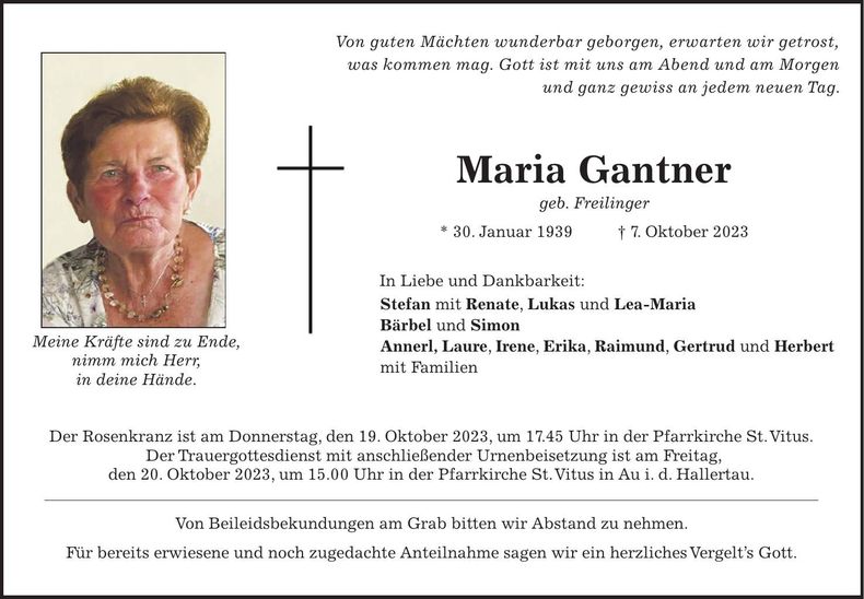 Traueranzeige Maria Gantner