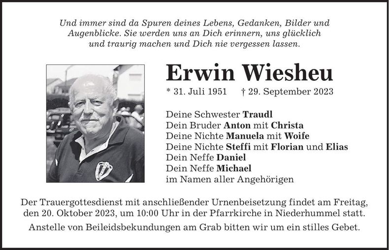 Traueranzeige Erwin Wiesheu