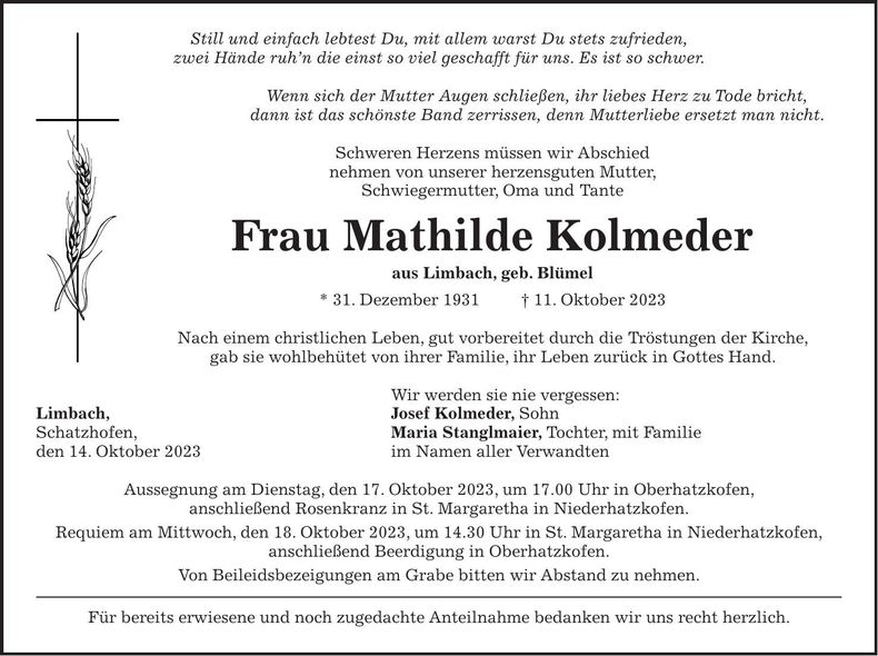 Traueranzeige Mathilde Kolmeder