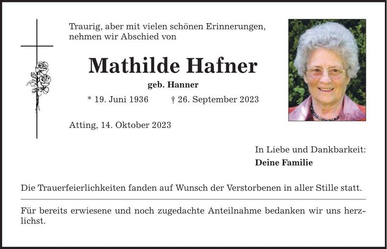 Traueranzeige Mathilde Hafner