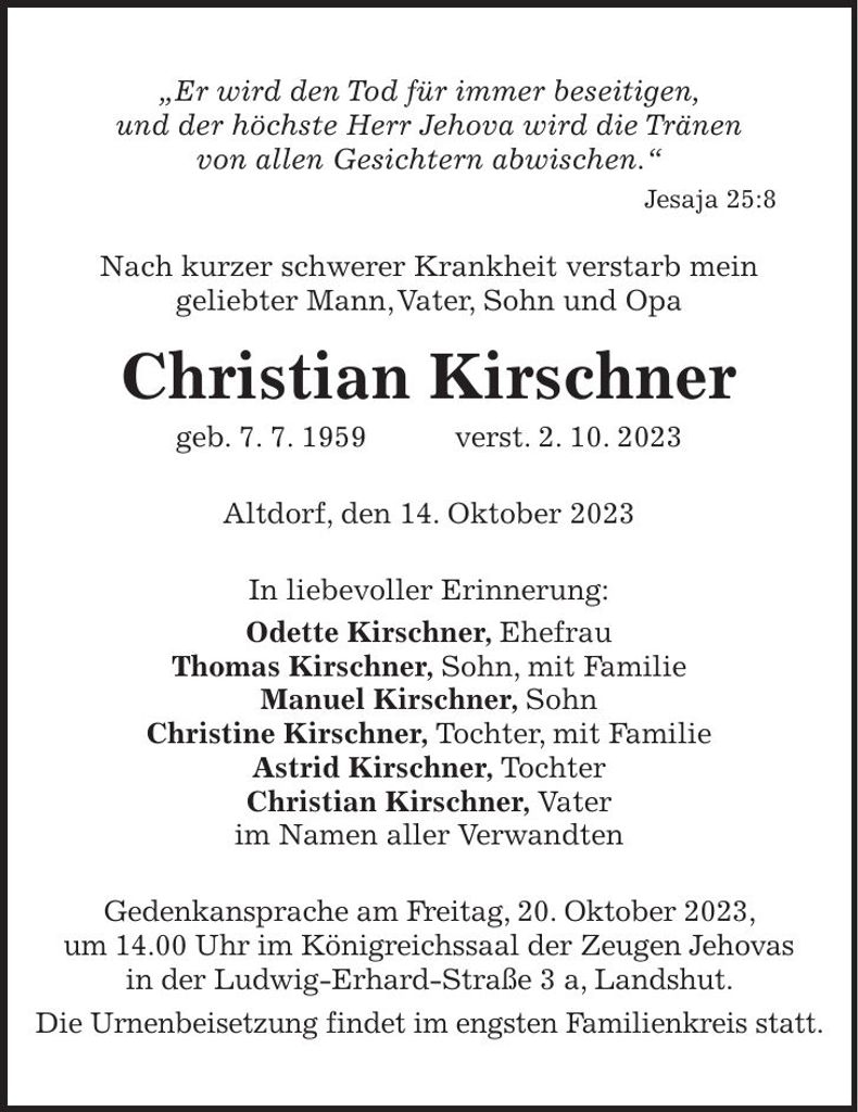 Traueranzeige Christian Kirschner