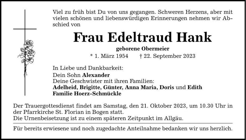 Traueranzeige Edeltraud Hank