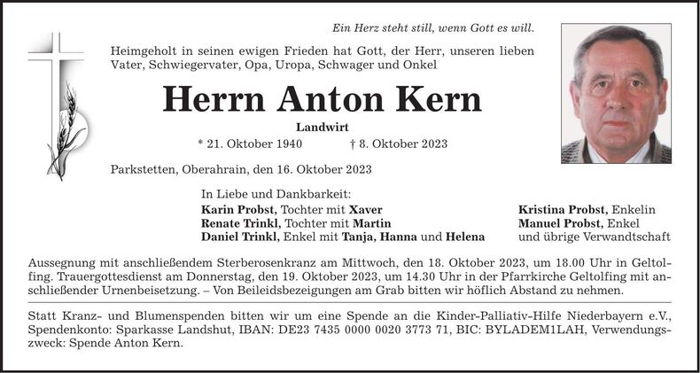 Traueranzeige Anton Kern