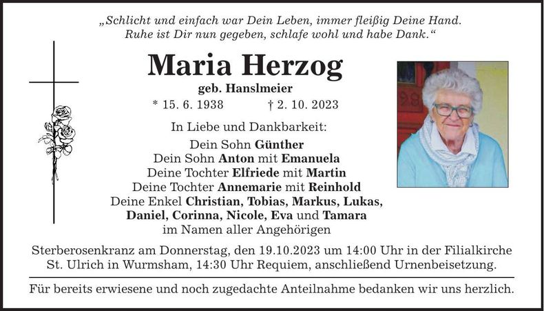 Traueranzeige Maria Herzog