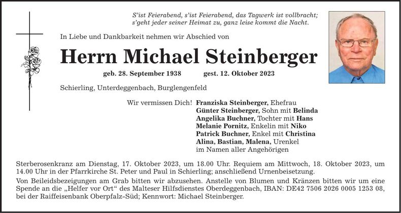 Traueranzeige Michael Steinberger
