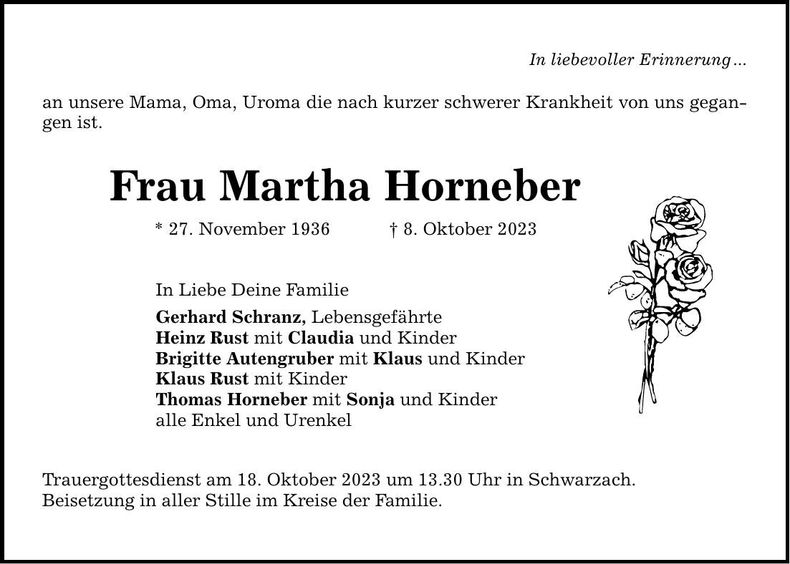 Traueranzeige Martha Horneber
