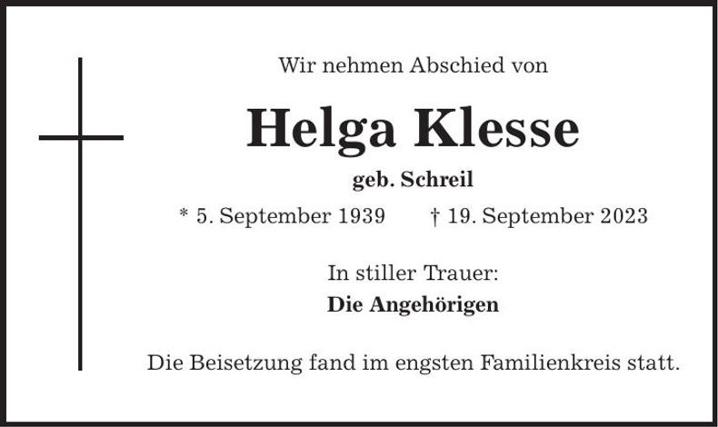 Traueranzeige Helga Klesse
