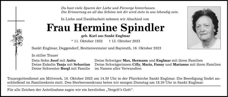 Traueranzeige Hermine Spindler