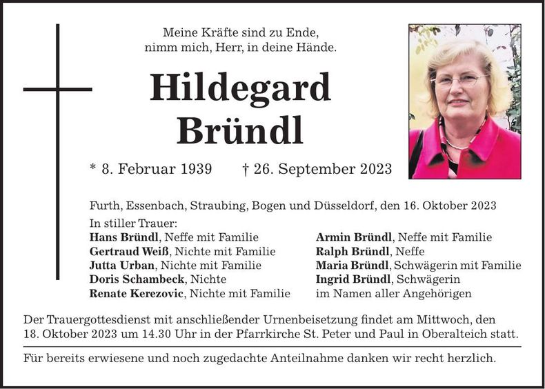 Traueranzeige Hildegard Bründl