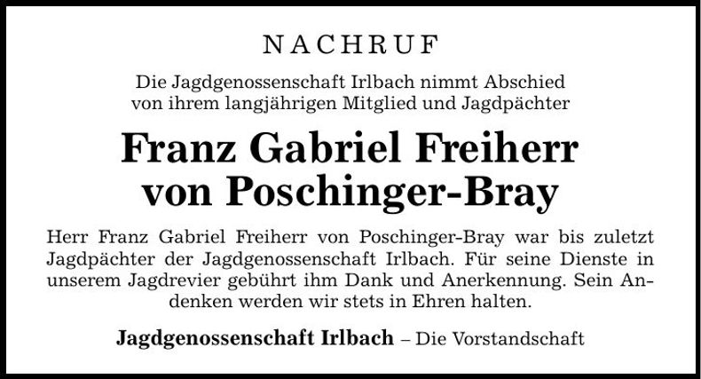 Traueranzeige von Poschinger-Bray Franz Gabriel Freiherr