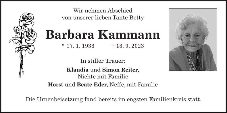 Traueranzeige Barbara Kammann