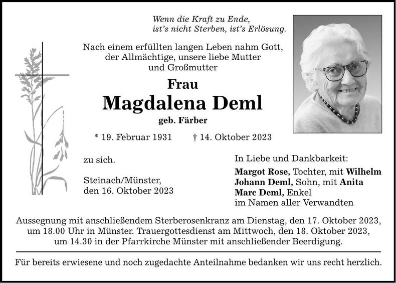 Traueranzeige Magdalena Deml