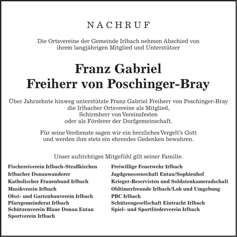 Traueranzeige Franz Gabriel Freiherr von Poschinger-Bray