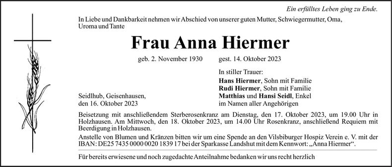 Traueranzeige Anna Hiermer