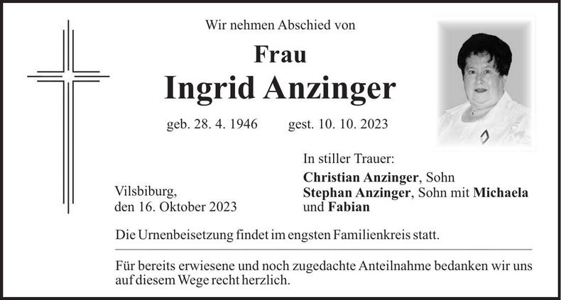 Traueranzeige Ingrid Anzinger