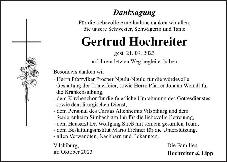 Traueranzeige Gertrud Hochreiter