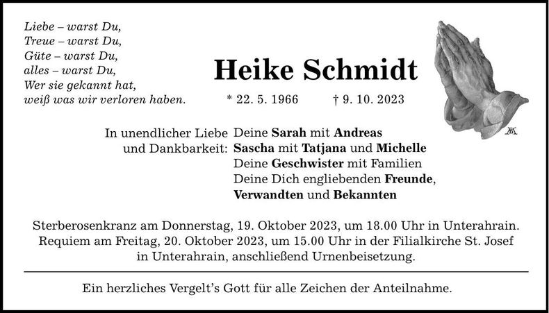 Traueranzeige Heike Schmidt