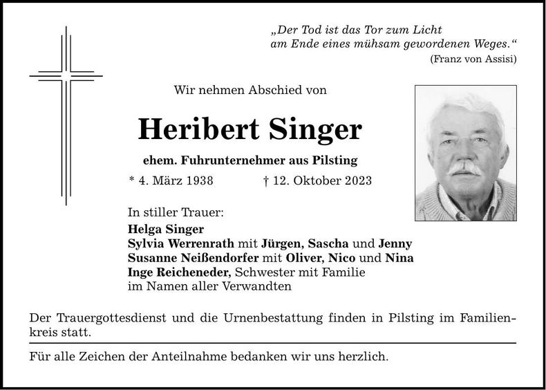 Traueranzeige Heribert Singer