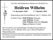 Traueranzeige Heidrun Wilhelm
