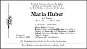 Traueranzeige Maria Huber