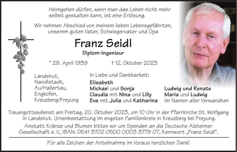 Traueranzeige Franz Seidl
