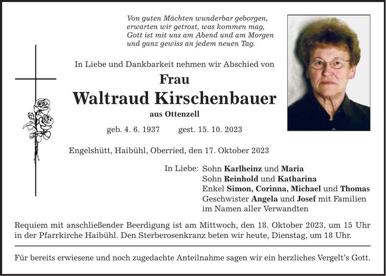Traueranzeige Waltraud Kirschenbauer