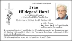Traueranzeige Hildegard Hartl
