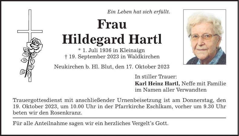Traueranzeige Hildegard Hartl