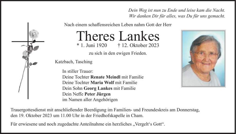 Traueranzeige Theres Lankes