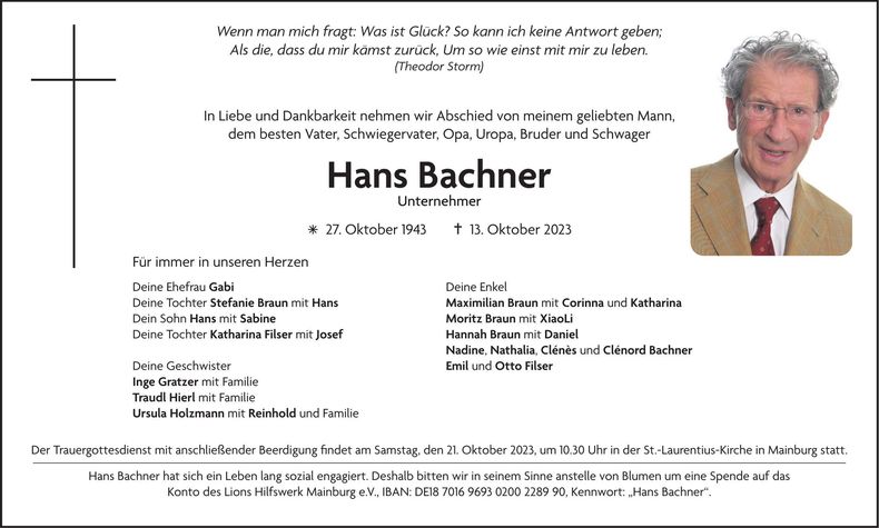 Traueranzeige Hans Bachner